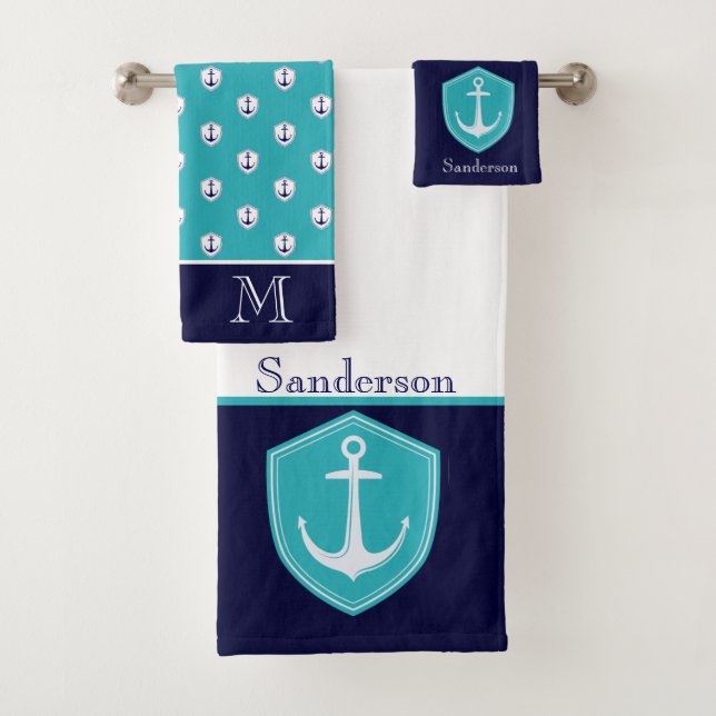Marine Nautical Anchor Bad White Aquamarin Navy Badhandtuch Set (Insitu)