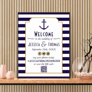 Marine Navy- und weiße Streifen-Anker-Hochzeit Poster