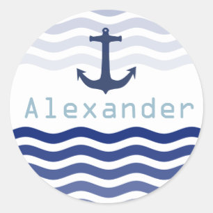 Marine Navy-Wellen und Anker personalisierter Name Runder Aufkleber