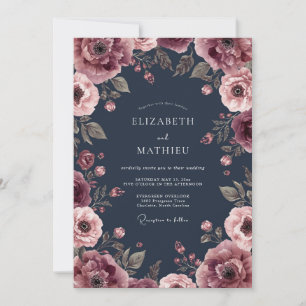 Marine-Pflaume-Blumenromanze-Hochzeit Einladung