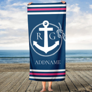Marine Pink Ancre corde Serviette de bain personna