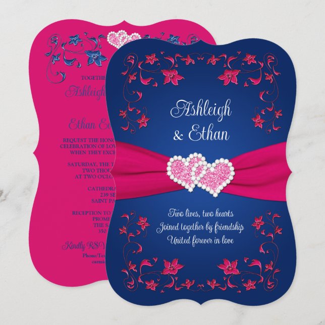 Marine, Pink Love Hearts Faire-part de mariage (Devant / Derrière)