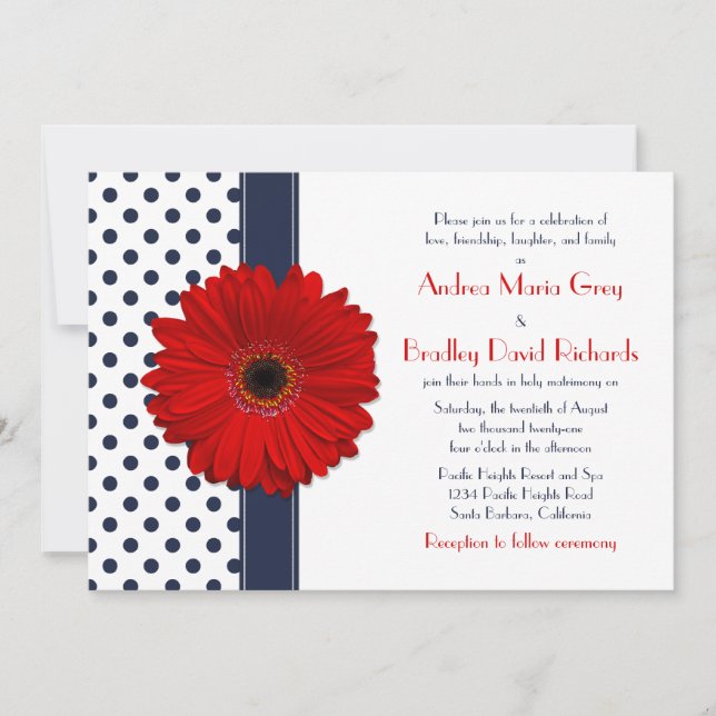 Marine Polka Dot Red Daisy Faire-part de mariage (Devant)