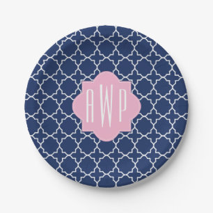 Marine Quatrefoil + Rosa Monogramm Pappteller