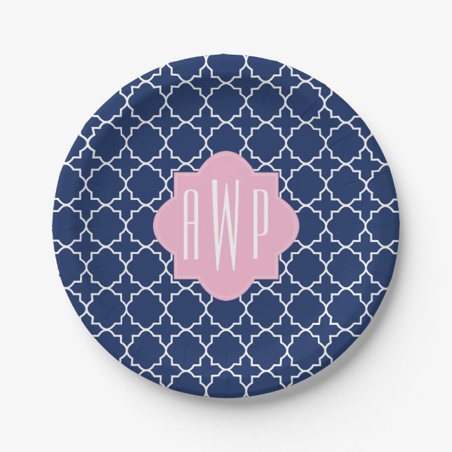 Marine Quatrefoil + Rosa Monogramm Pappteller (Vorderseite)