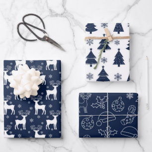 Marine-Rentier, Weihnachtsbaum und Holiday-Muster Geschenkpapier Set