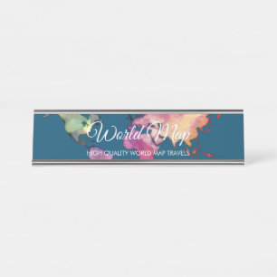Marine Retro-farbige Wasserfarben-Weltkarte Schreibtischnamensplakette