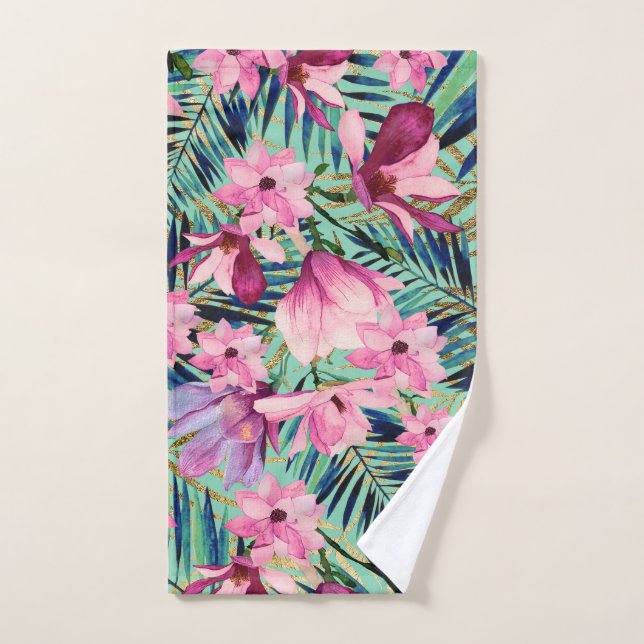Marine rose tropicale bleu aqua or moderne fleuri (Serviette à main)
