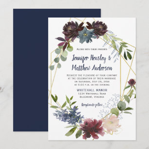 Marine-Roségold-Geometrischer-Blumenkranz-Hochzeit Einladung