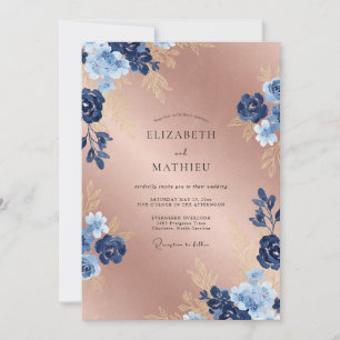 Marine-Roségold-Schimmernde Blumige Hochzeit Einladung