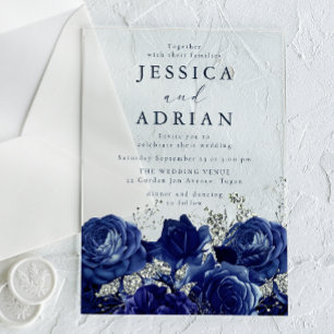 Marine-Rosen und Silber Elegante Hochzeit Acryleinladungen