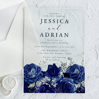 Marine-Rosen und Silber Elegante Hochzeit Acryleinladungen