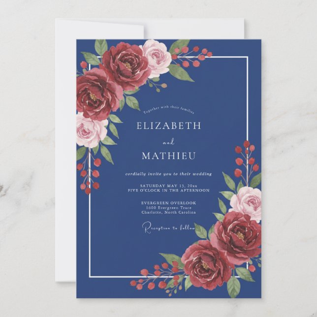 Marine-Rot-Blüten-Romanze-Hochzeit Einladung (Vorderseite)