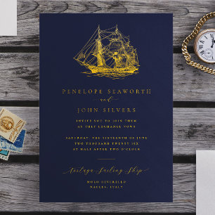 Marine Schiffsillustration Navy Blau Hochzeit Folieneinladung