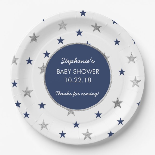 Marine-Silber-Stern-Funkeln-Babypartydekor Pappteller (Vorderseite)