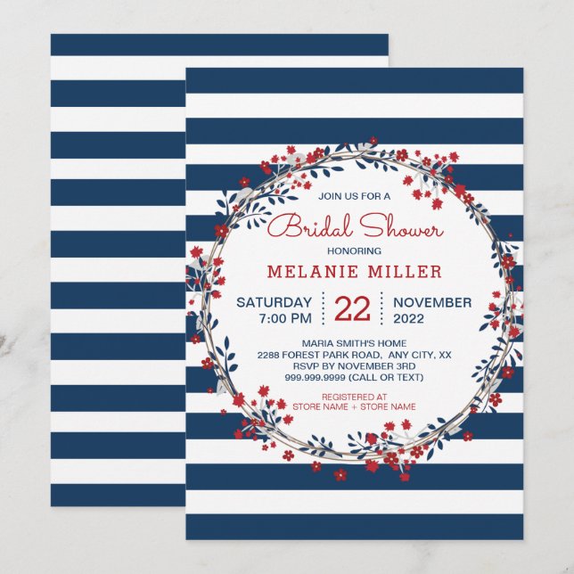 Marine Stripes couronnes fleuries invitation douch (Devant / Derrière)