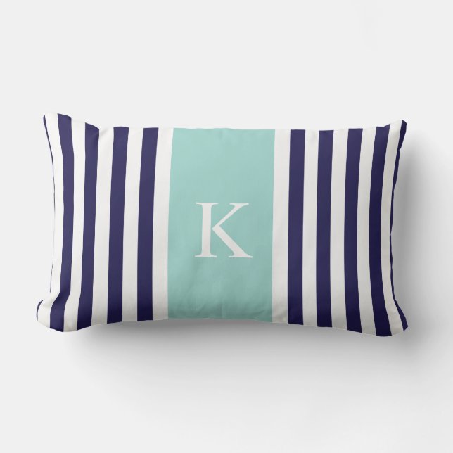 Marine-tadelloses Grün Stripes Monogramm Lendenkissen (Vorderseite)