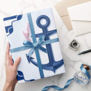 Marine Thema Blau und Weiß Streifen mit Anker Geschenkpapier