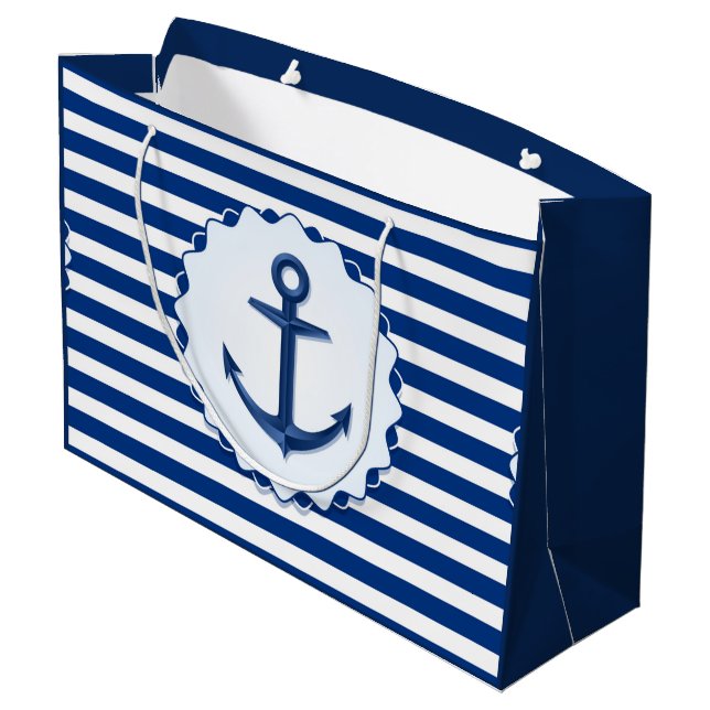 Marine Thema Blau und Weiß Streifen mit Anker Große Geschenktüte (Rückseite Schrägansicht)