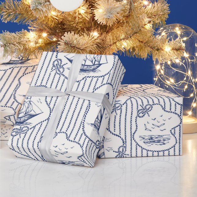 Marine Theme Blue White Stripe Lighthouse Schiff Geschenkpapier (Feiertage)