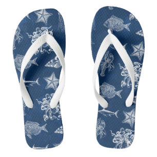 Marine Tiere in Wasserfarbe Navy Blau Flip Flops