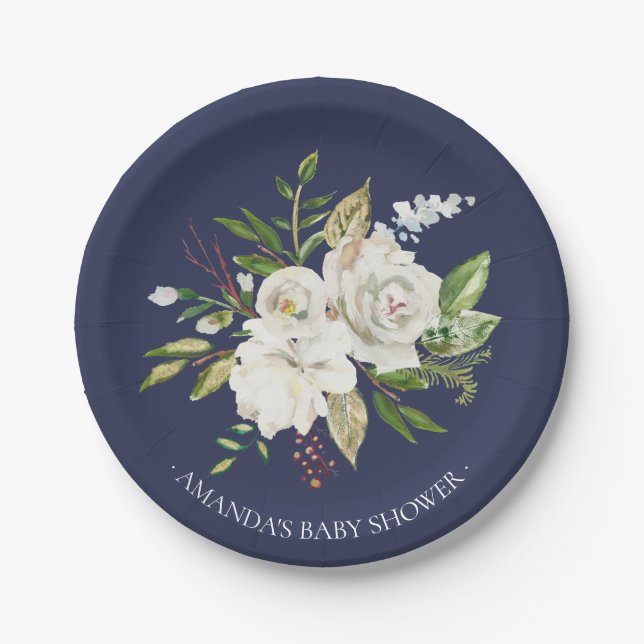 Marine u. weiße Rosen-Blumen-Dusche 7" Platte Pappteller (Vorderseite)