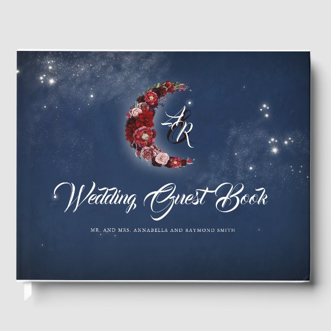 Marine und Burgund | Floral Moon Celestial Wedding Gästebuch (Vorderseite)