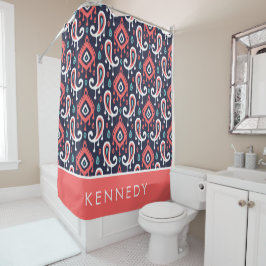 Marine und Coral Ikat Paisley Monogram Duschvorhang
