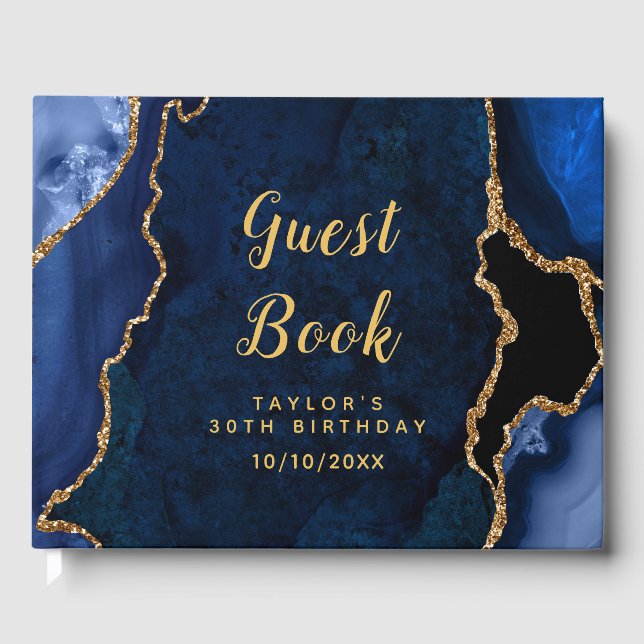 Marine und Gold Agate Marble Geburtstag Gästebuch (Vorderseite)