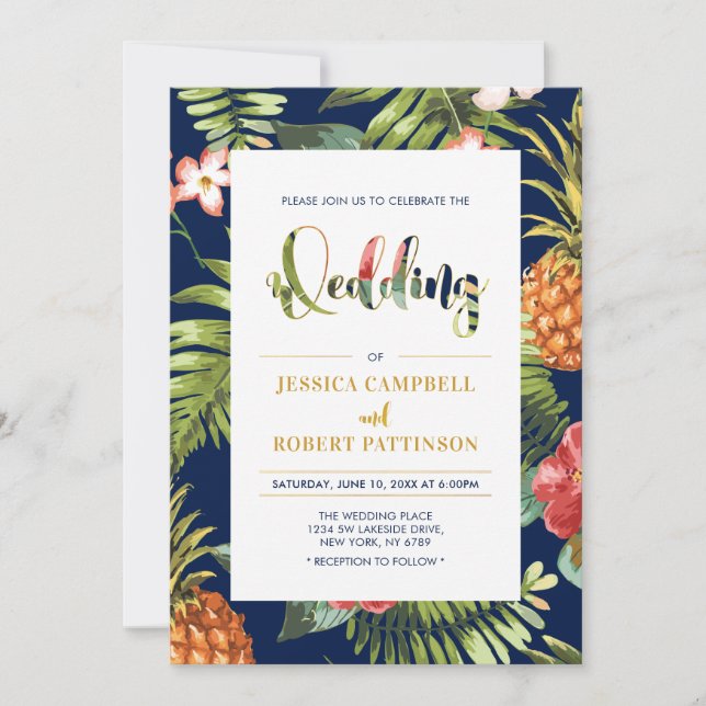 Marine und Gold | Einladung zur Hochzeit in Tropen (Vorderseite)