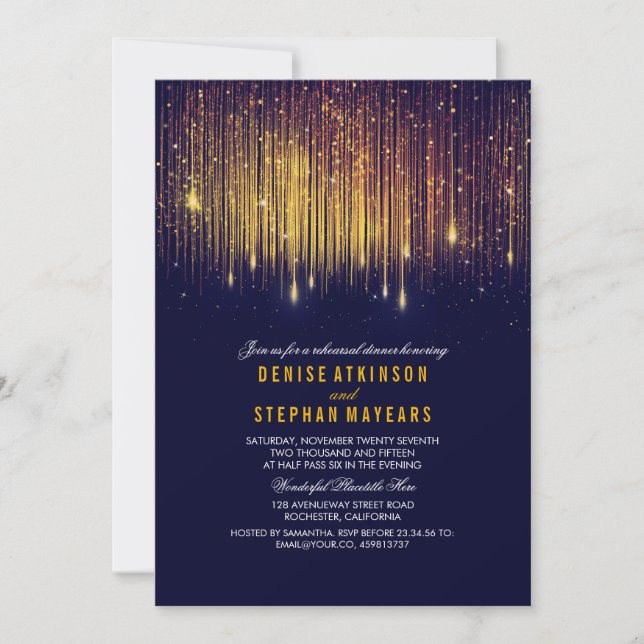 Marine und Gold Probe Dinner String Lights Einladung (Vorderseite)