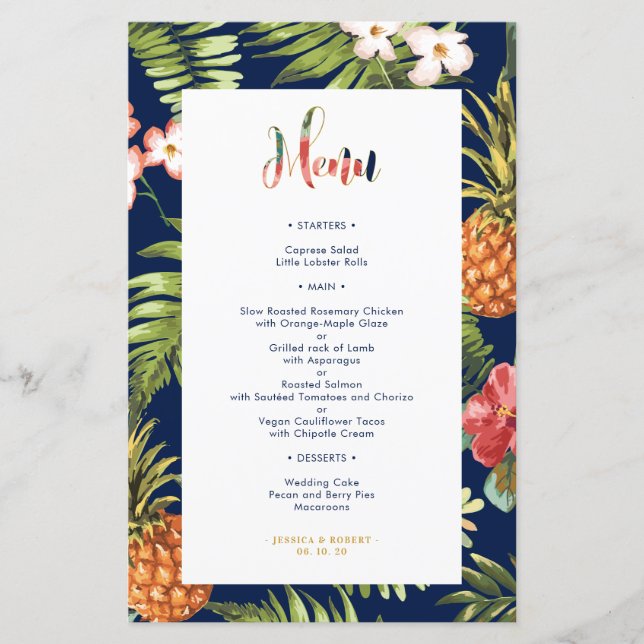 Marine und Gold | Tropical Summer Wedding Menu Car (Vorderseite)