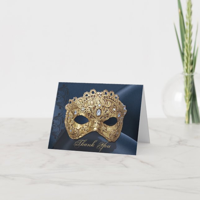 Marine-und Goldmaskerade-Hochzeit danken Ihnen zu Dankeskarte (Vorderseite)