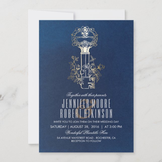 Marine-und GoldSkeleton Schlüssel-Vintage Hochzeit Einladung (Vorderseite)