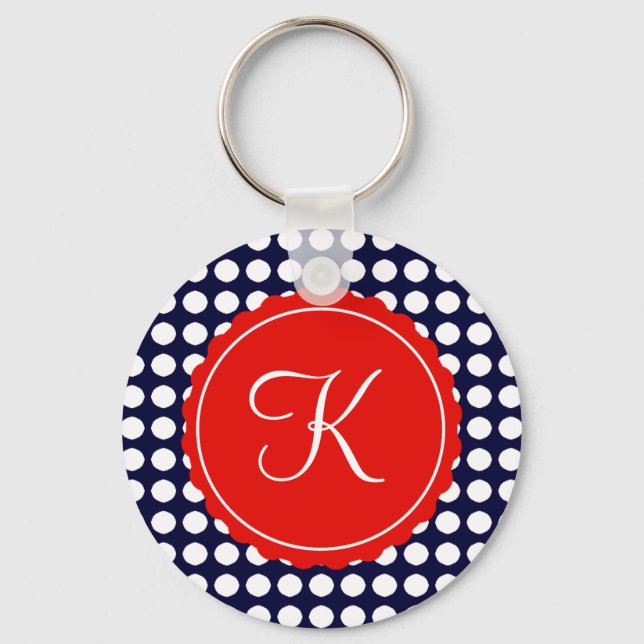 Marine und Red Polka Dots Custom Initial Schlüsselanhänger (Vorderseite)