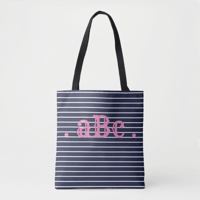 Marine und rosa Seersucker-gestreifte Tasche (Vorderseite)