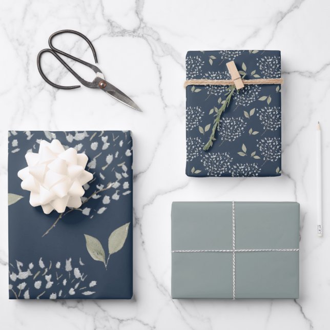 Marine und Sage Floral Geschenkpapier Set (Vorderseite)
