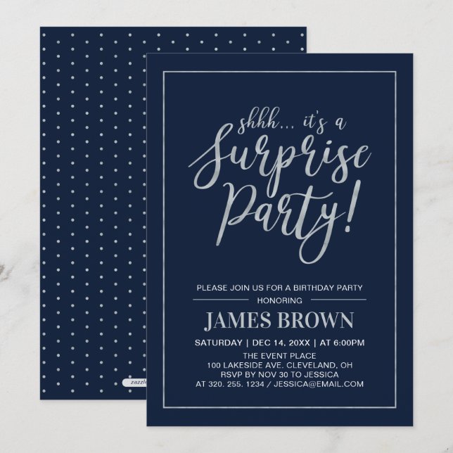 Marine und Silber | Modern Surprise Birthday Party Einladung (Vorne/Hinten)