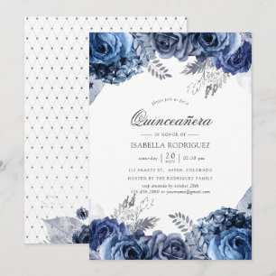 Marine und Weiß mit Silberfräsen, Quinceañera Einladung