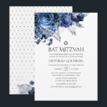 Marine und Weiß mit Silberfräsen und Bat Mitzvah Einladung<br><div class="desc">Navy und Weiß Blume schlagen mitzvah Einladung mit Akzenten von Silber.</div>