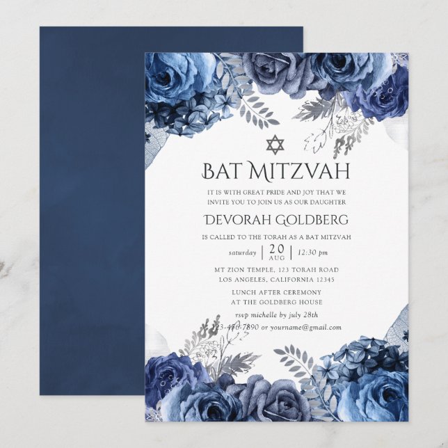 Marine und Weiß mit Silberfräsen und Bat Mitzvah Einladung (Vorne/Hinten)