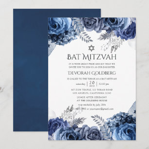 Marine und Weiß mit Silberfräsen und Bat Mitzvah Einladung