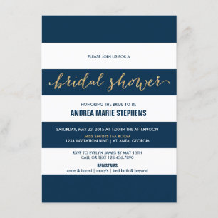 Marine-und Weiß-Streifen-GoldGlitzer-Brautparty Einladung