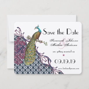 Marine & Very Berry Elegante Damast-Pfau-Hochzeit Save The Date
