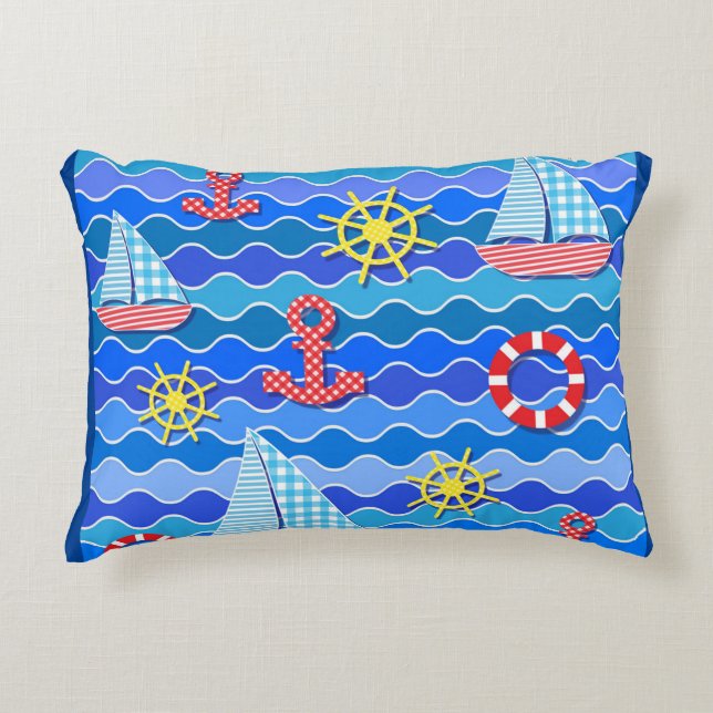 Marine Wave Red Blue Anchor Boot Segelrad Dekokissen (Vorderseite)