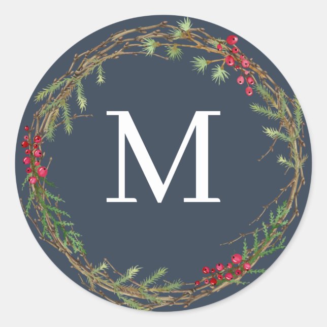 Marine-Weihnachtskranz-Monogrammsiegel Runder Aufkleber (Vorderseite)