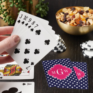 Marine Weiß Tupfen Himbeere Vierblatt 3 Monogramm Spielkarten
