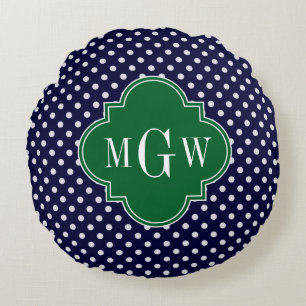 Marine-weißes Tupfen-WaldQuatrefoil 3 Monogramm Rundes Kissen