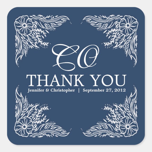 Marine & White Wedding Danke Monogram Quadratischer Aufkleber (Vorderseite)