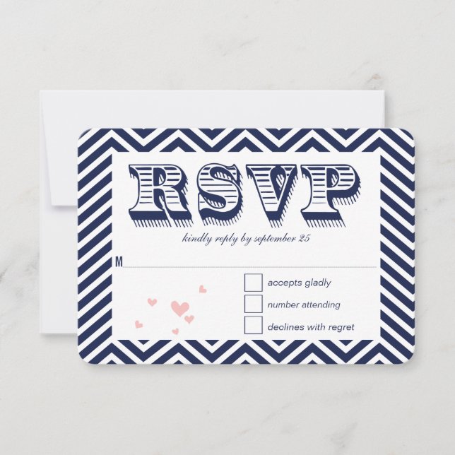 Marine Zig Zag Typographie Mariage RSVP (Devant)